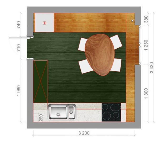 Дизайн бело-коричневой кухни 12 метров