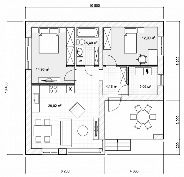 Проект одноэтажного дома с 2-мя спальнями и кухней-гостиной — 72 кв.м.
